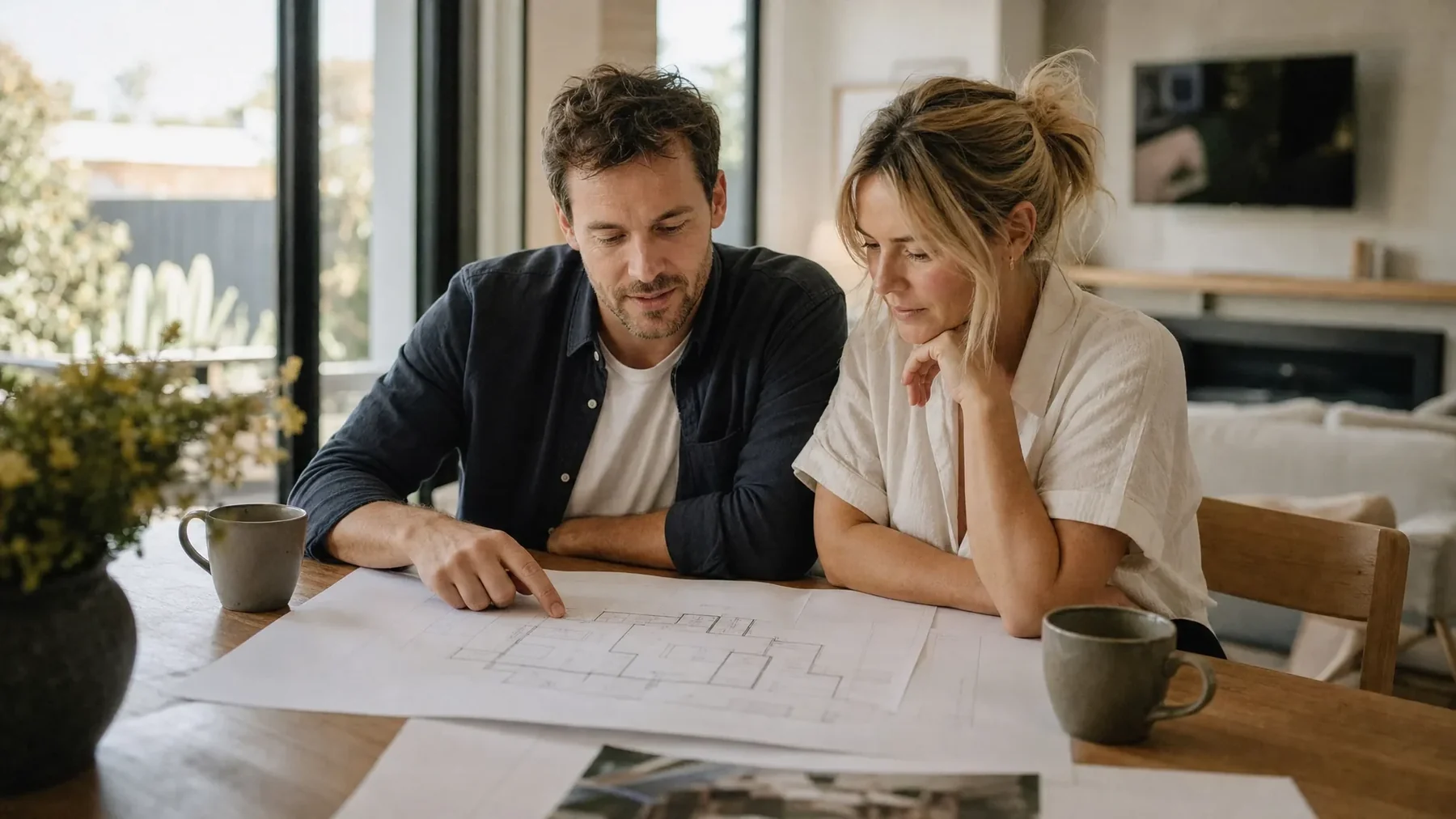A couple going over a house floor plan at their dining table