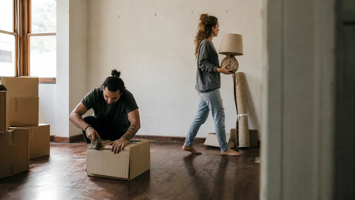 Young couple unpacking moving boxes in their first home