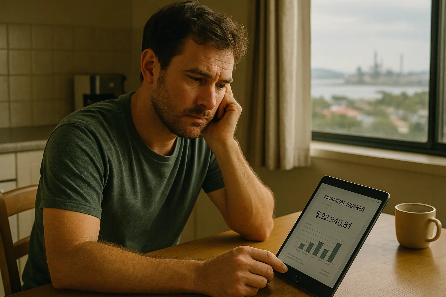 <strong>Gladstone</strong> homeowner reviewing financial figures on tablet while planning property investment