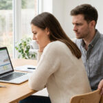 Young couple intently reviewing a financial spreadsheet on a laptop at a wooden table in a modern, well-lit home, with a house key nearby.