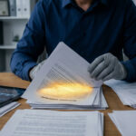 An individual in gloves sifts through mortgage documents on a desk, a tablet with financial graphs nearby. Golden light highlights fine print.