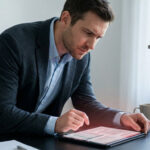 Man in smart casual attire intently scrutinizes a digital tablet showing financial documents with red highlights, indicating caution.