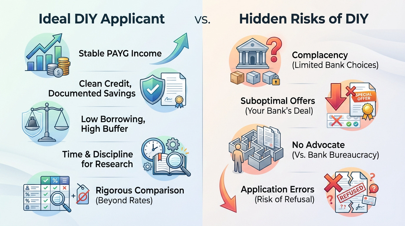 Comparison between an ideal DIY home loan applicant profile and the hidden risks of managing a mortgage application alone