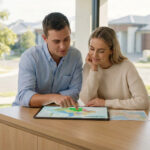 Young couple at a modern kitchen island, intently reviewing a digital map of Gladstone, pointing at suburbs, planning their future.