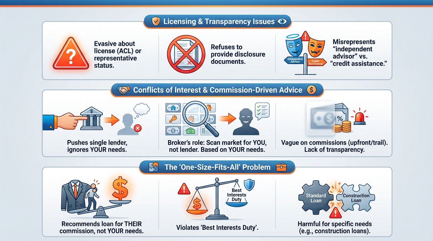 Illustration of a magnifying glass highlighting mortgage broker red flags regarding legitimacy and hidden incentives