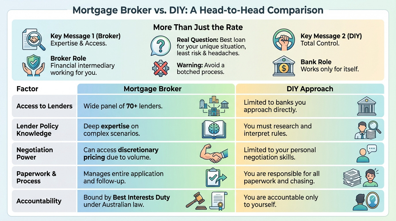 Comparison chart showing the differences between using a mortgage broker and a DIY home loan approach in Australia