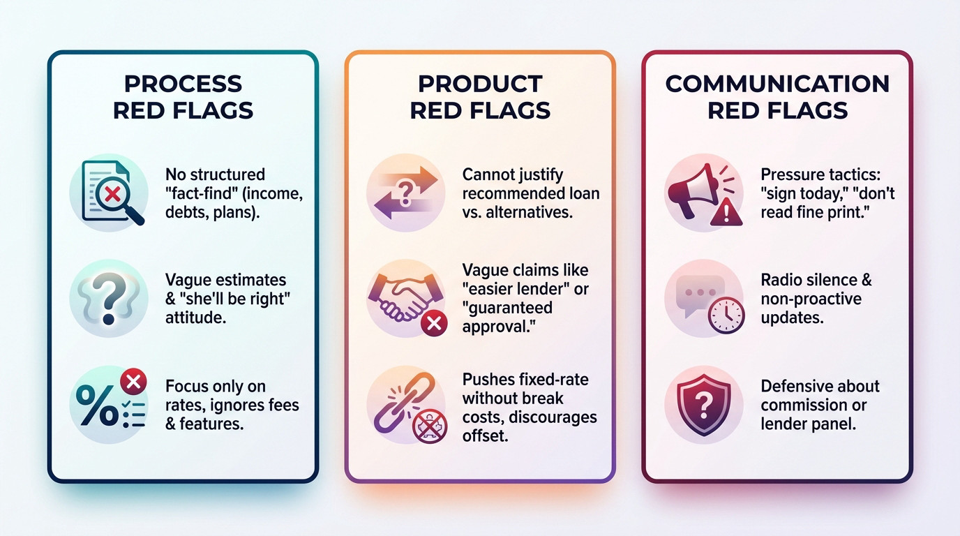 Illustration showing red flags to watch out for when choosing a mortgage broker, such as poor communication and pressure tactics