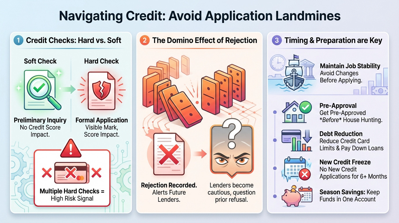 Illustration of a person navigating credit application obstacles to avoid mortgage rejection landmines