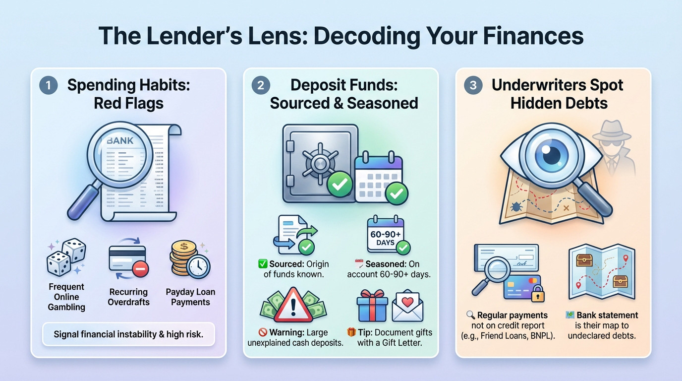A magnifying glass analyzing bank statement transaction lines for financial risk assessment