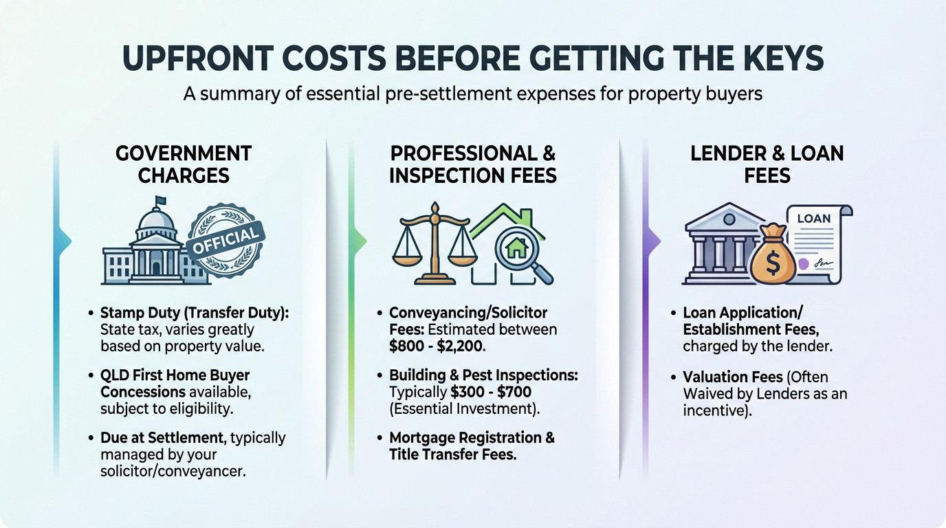 A worried couple reviewing paperwork and calculating upfront costs for their first home purchase in Queensland