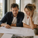 couple starring at their house plan